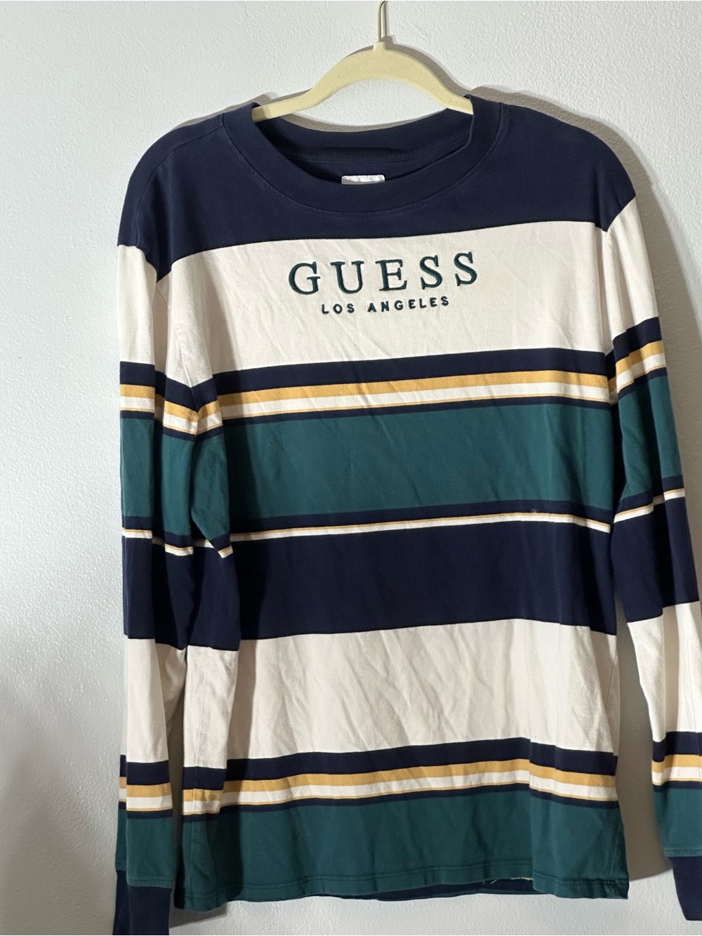 GUESS Men’s Navy, Cream & Teal Striped Long-Sleeve Tee
